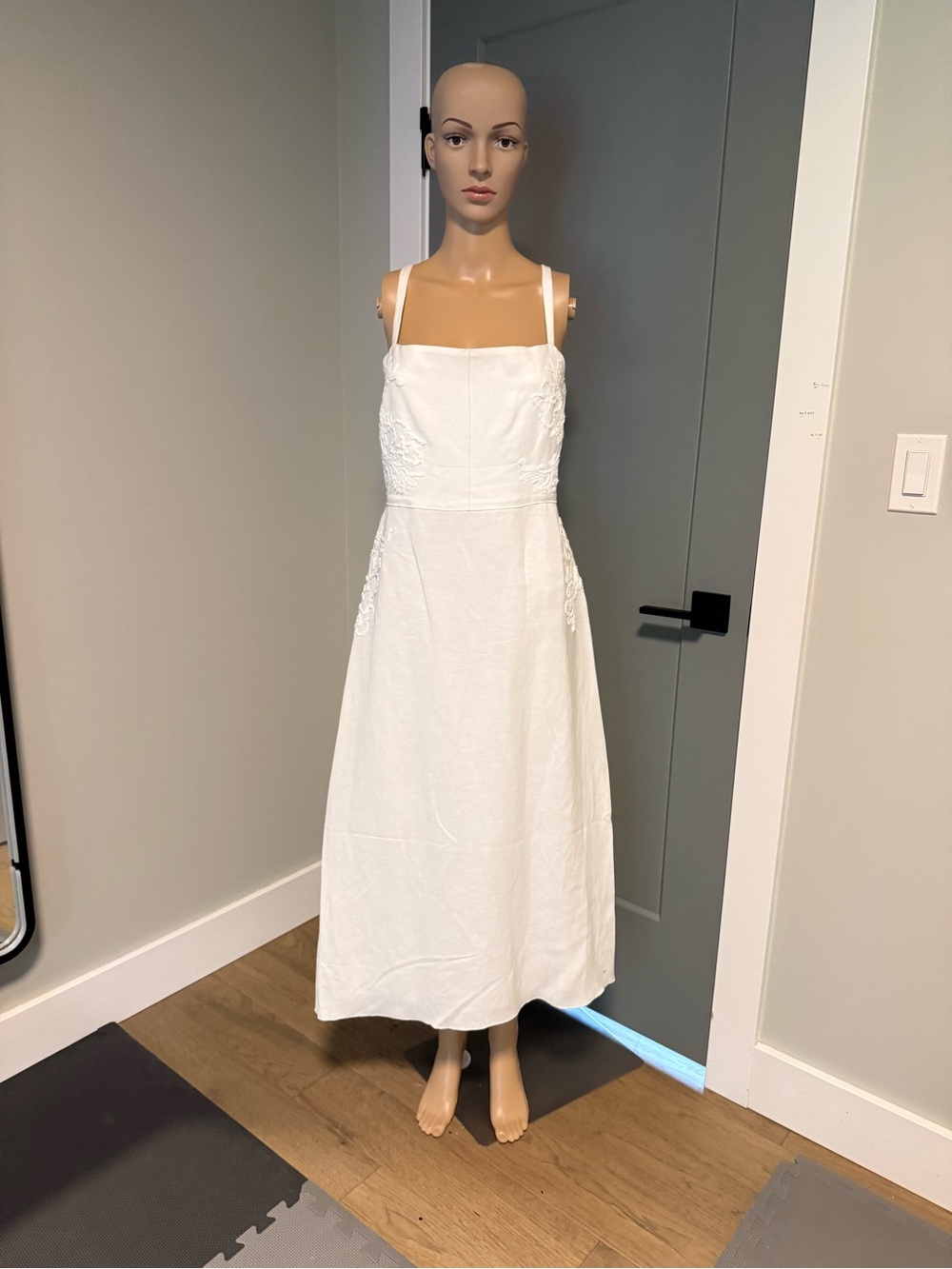 Zara White Spaghetti-Strap Midi Dress with Embroidered Bodice